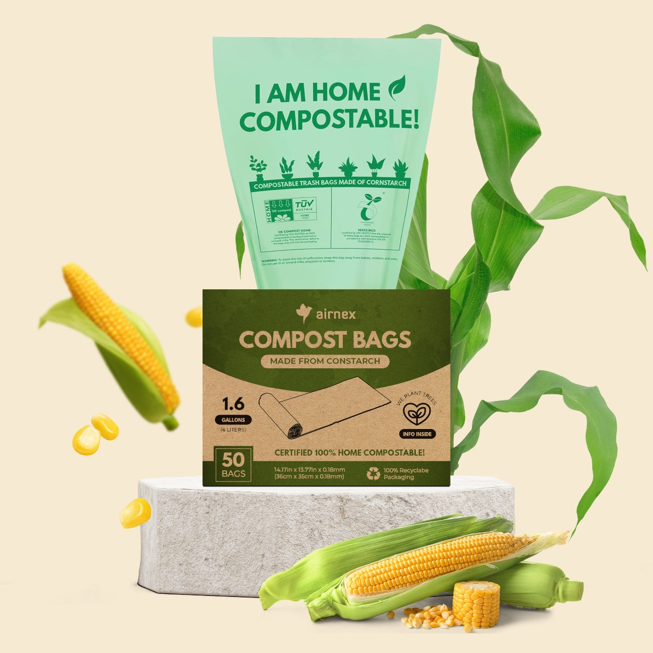 Certified Home Compostable Trash Bags - 1.6 Gal, 50 Count