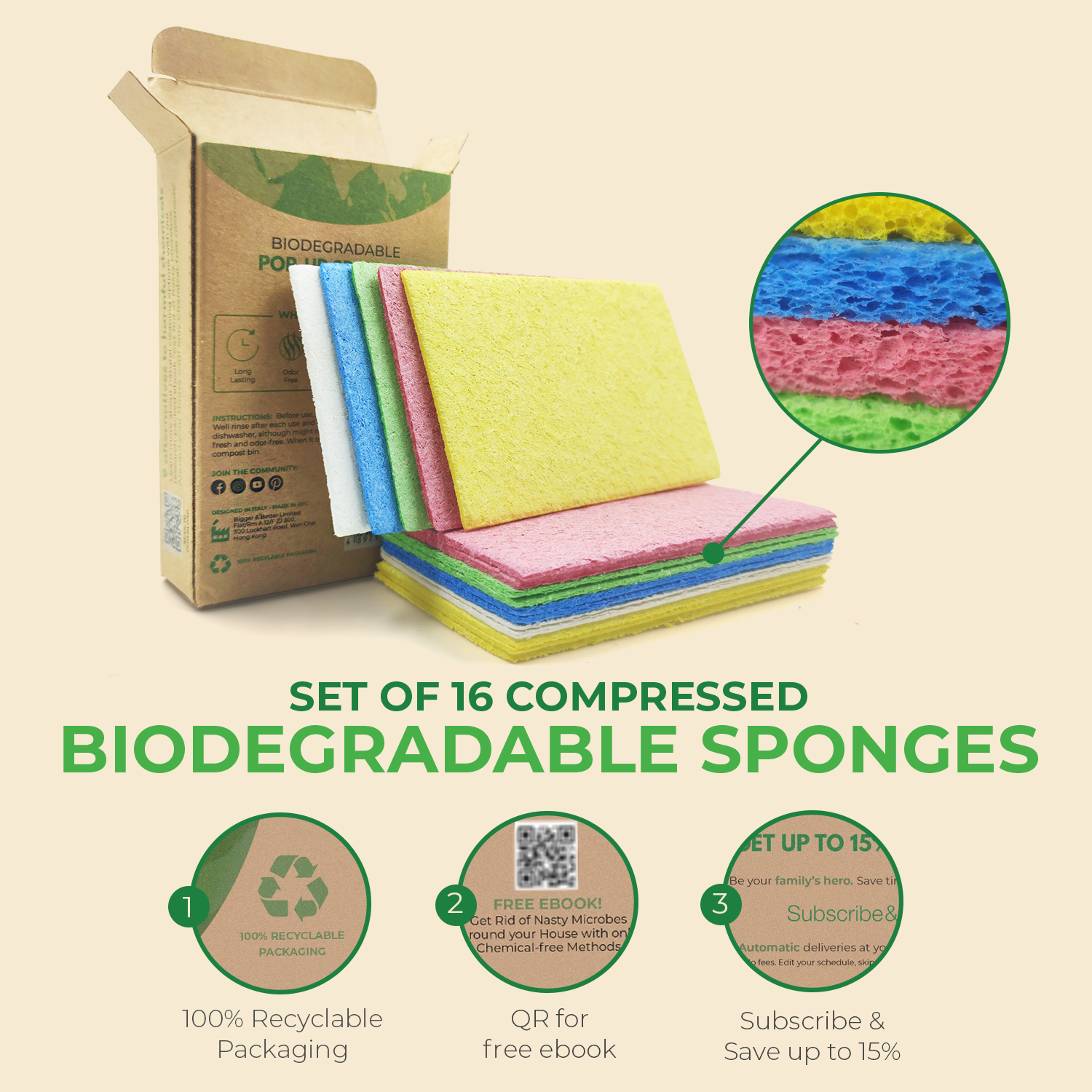 Biodegradable & Compostable Cellulose Compressed Sponges - Rectangular Multicolor