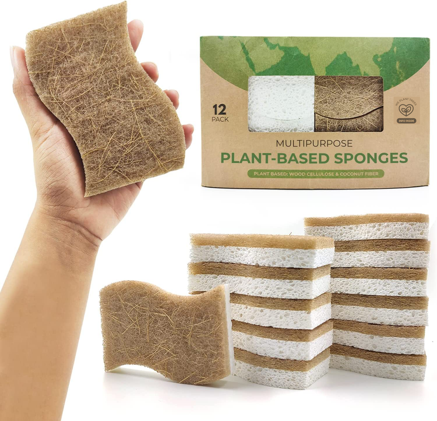 Natural Kitchen Sponge - Biodegradable Compostable Cellulose and Coconut Scrubber Sponge - S-Shaped
