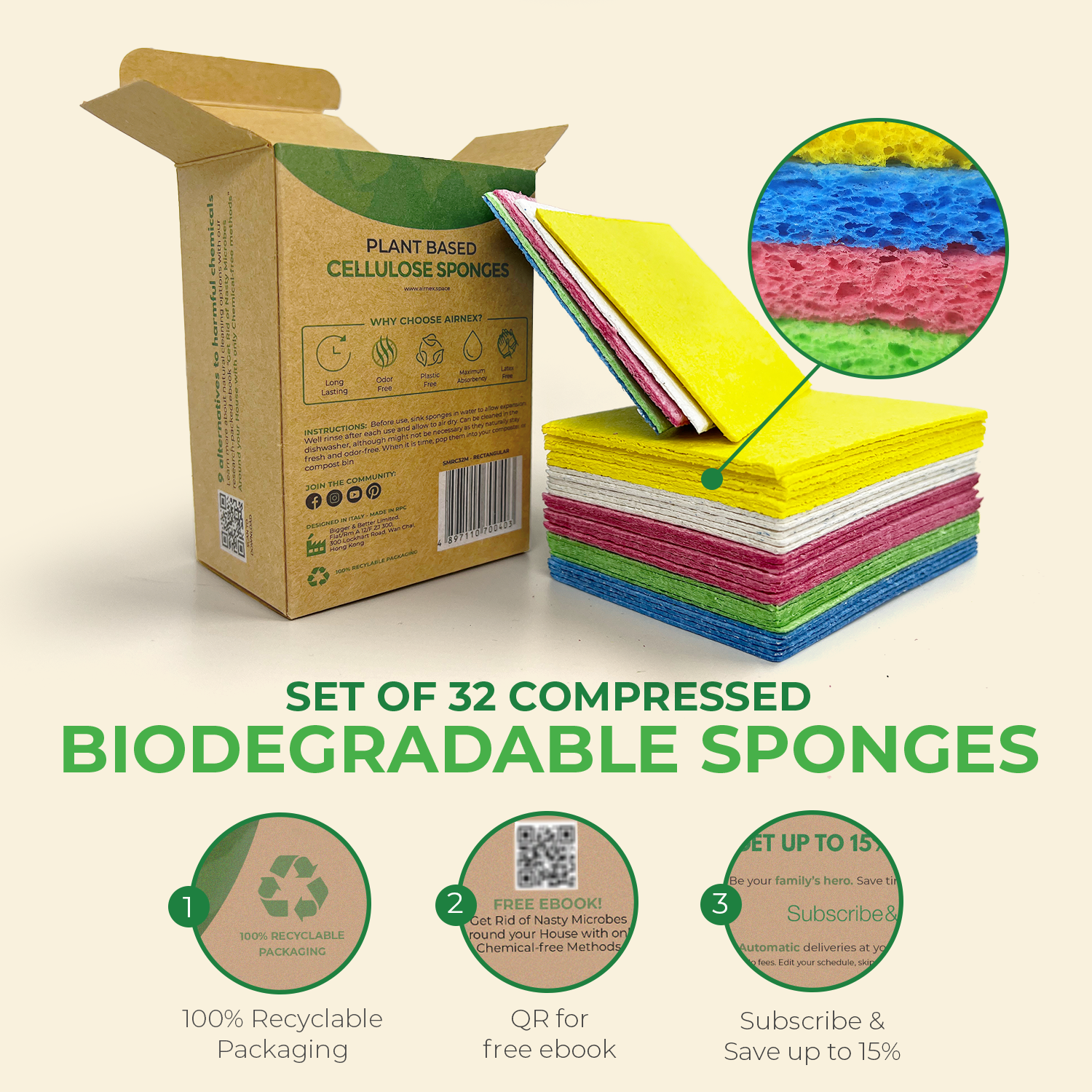 Biodegradable & Compostable Cellulose Compressed Sponges - Rectangular Multicolor