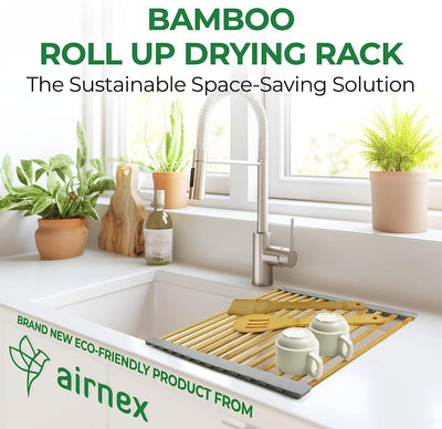 AIRNEX Bamboo Sink Drying Rack, Roll Up Dish Drying Rack Over The Sink Kitchen, Wooden Over The Sink Drying Rack for Kitchen Sink, Roll Out Sink Drainers, Kitchen Sink Accessories