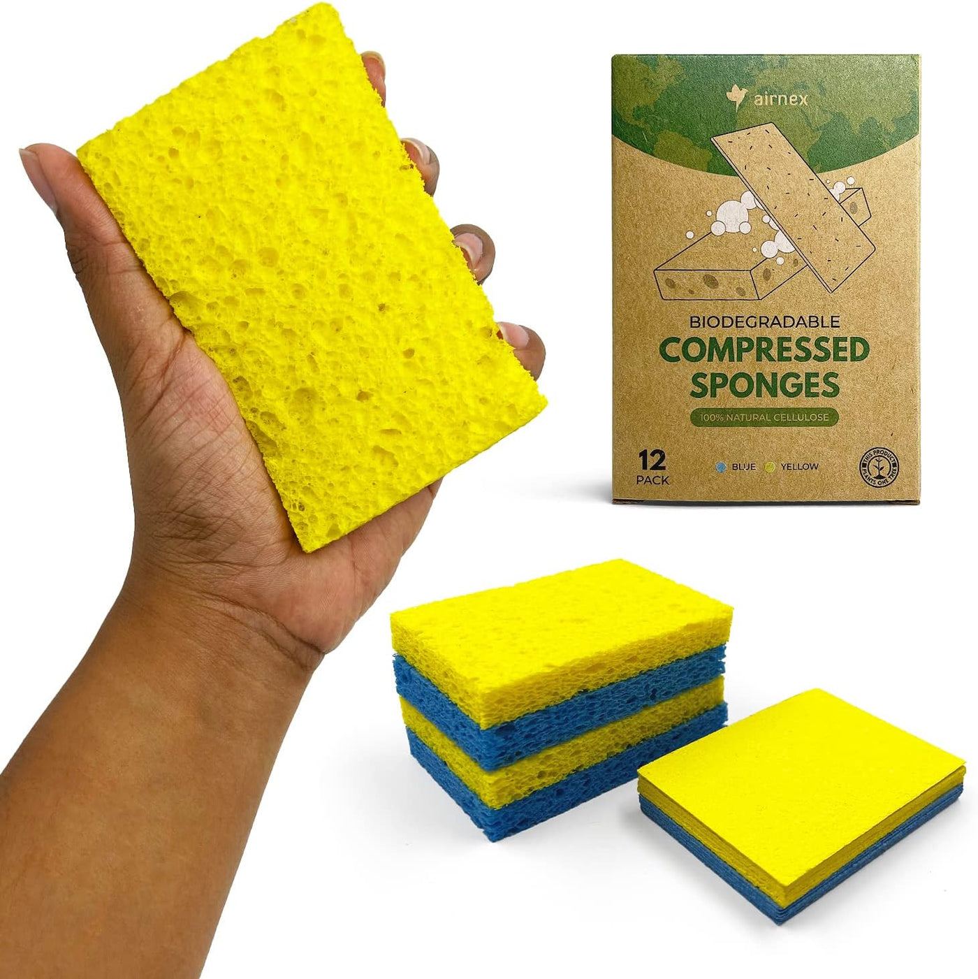Compressed Sponges, Cellulose Sponges Kitchen for Non-Scratch Washing Dishes, Household Cleaning Scrub Natural Sponges, Pack of 12 Colorful Sponges