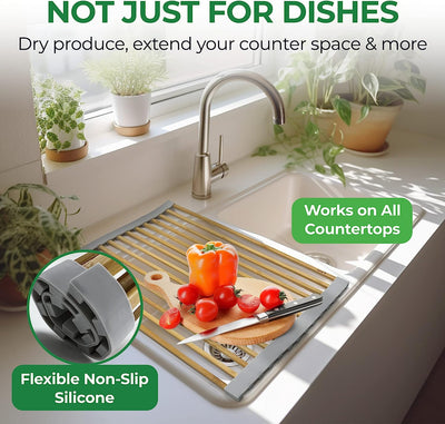 AIRNEX Bamboo Sink Drying Rack, Roll Up Dish Drying Rack Over The Sink Kitchen, Wooden Over The Sink Drying Rack for Kitchen Sink, Roll Out Sink Drainers, Kitchen Sink Accessories