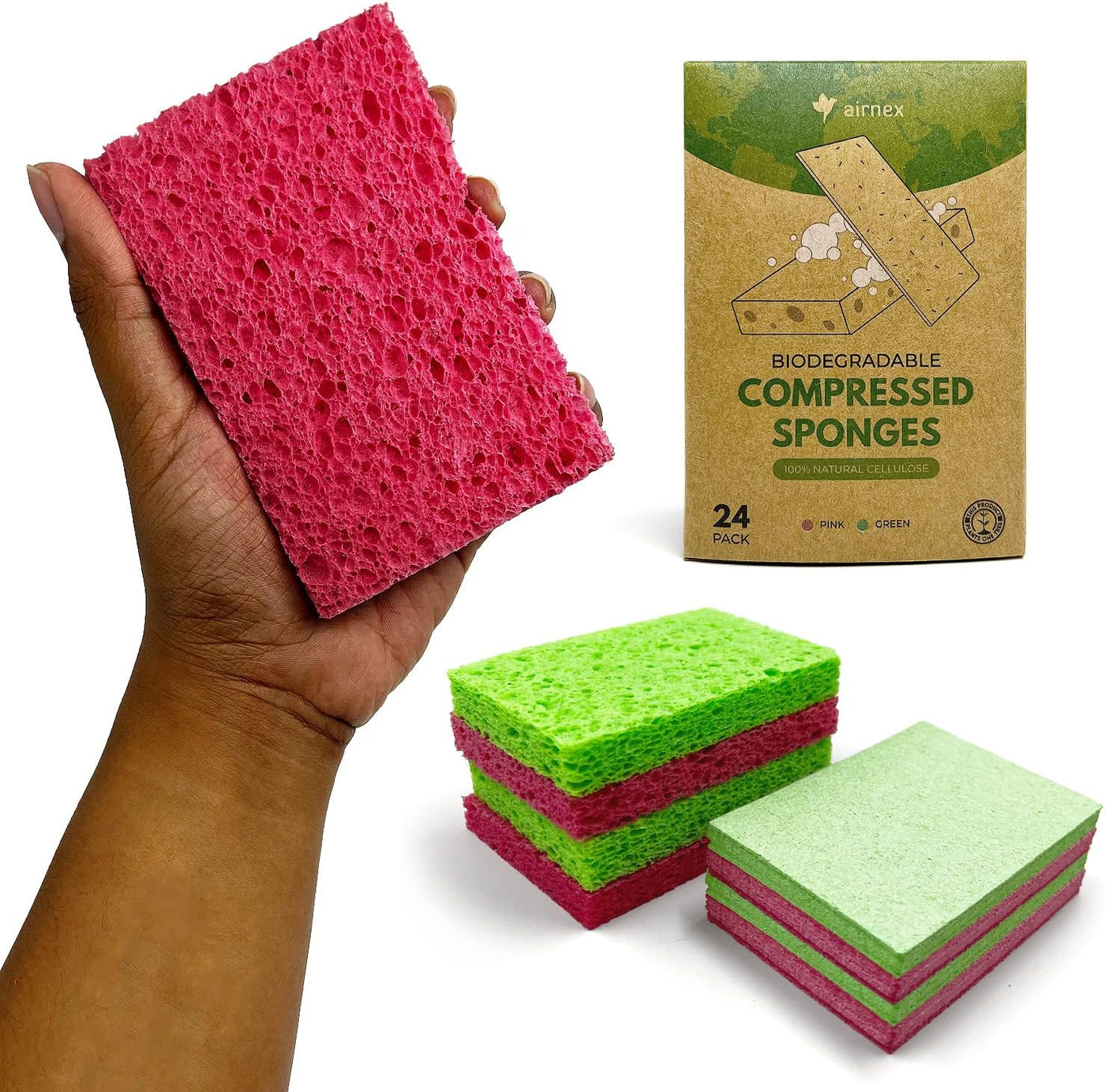 AIRNEX Biodegradable Cellulose Compressed Sponges - Kitchen Sponges for Cleaning - Heavy Duty and Natural Multipurpose Household Cleaning Sponges Good for Kitchen, Bathroom, and Surfaces