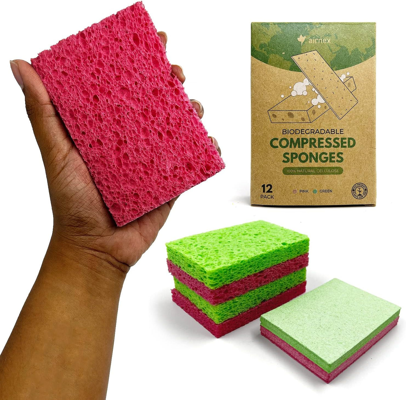 AIRNEX Biodegradable Cellulose Compressed Sponges - Kitchen Sponges for Cleaning - Heavy Duty and Natural Multipurpose Household Cleaning Sponges Good for Kitchen, Bathroom, and Surfaces
