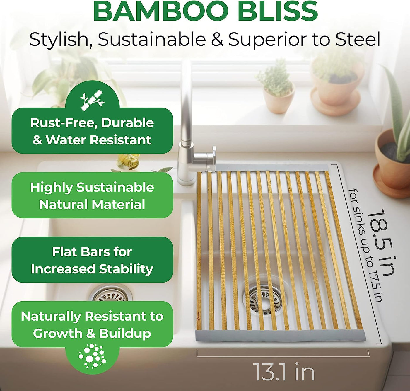 AIRNEX Bamboo Sink Drying Rack, Roll Up Dish Drying Rack Over The Sink Kitchen, Wooden Over The Sink Drying Rack for Kitchen Sink, Roll Out Sink Drainers, Kitchen Sink Accessories