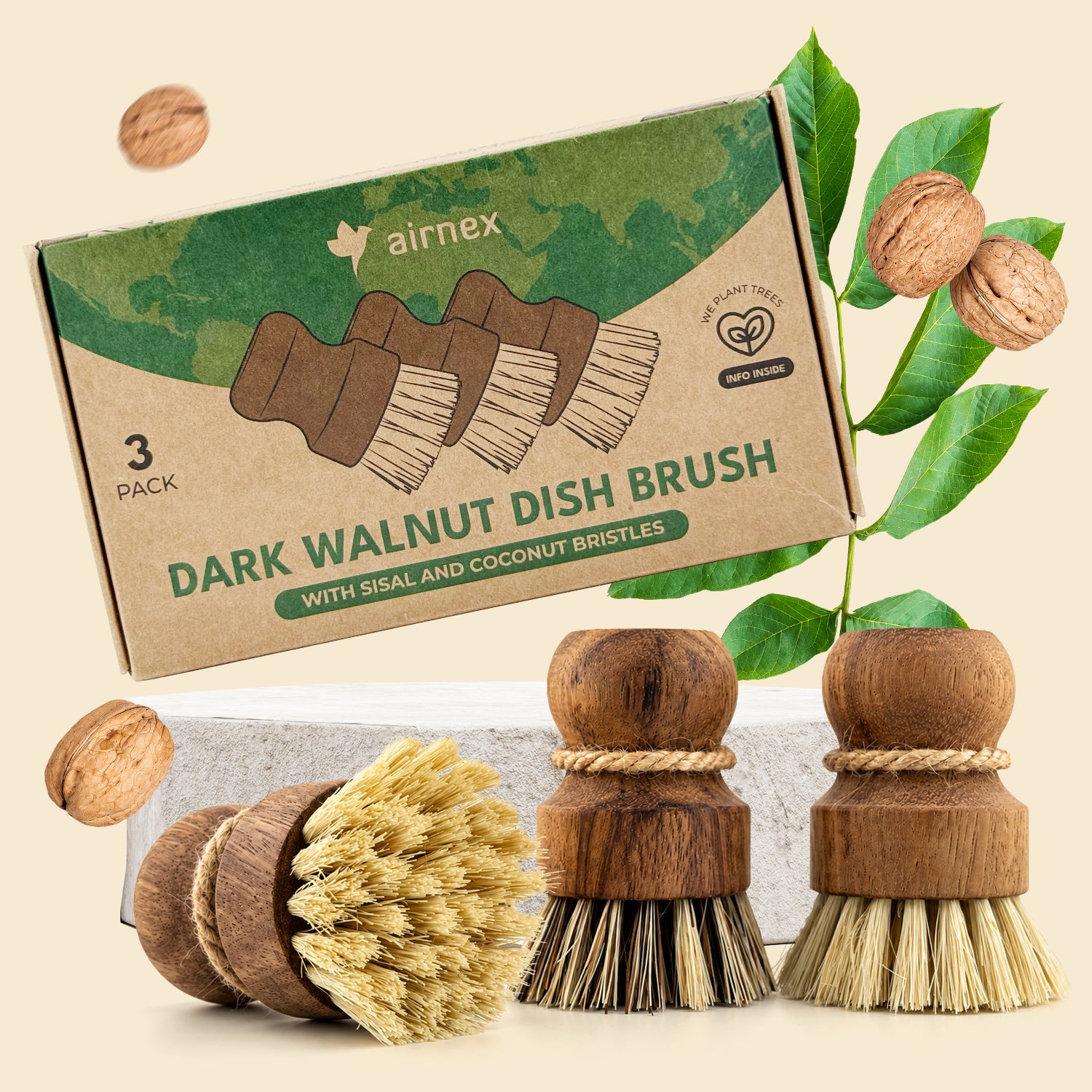 Natural Cleaning Dish Brush - 3 Pack Bamboo Brush