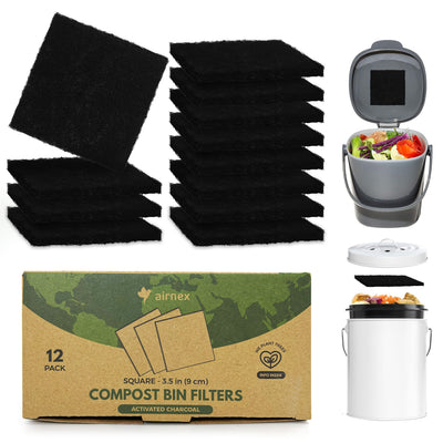 AIRNEX Charcoal Filters for Compost Bucket 3.5 inch Square - Pack of 12 Small Compost Bin Filters Charcoal Odor Blocking - Universal Compost Filters for Countertop Bin, Trash Cans & Litter Boxes