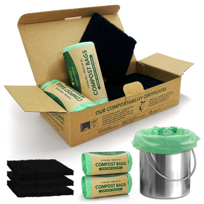 AIRNEX Compostable Trash Bags & Charcoal Filters for Compost Bucket Value Pack for Clean & Odorless Composting - 50 Pcs Compostable Trash Bags Small 1.6 Gal & 3 Pcs Compost Bin Filters Charcoal 3.5"