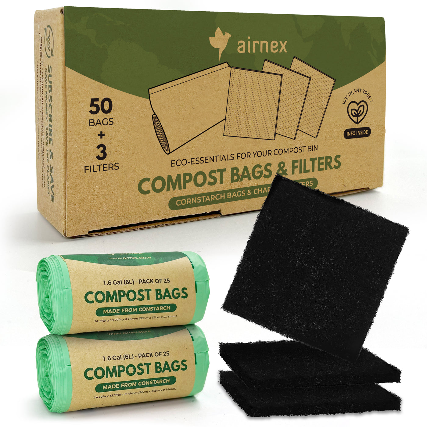 AIRNEX Compostable Trash Bags & Charcoal Filters for Compost Bucket Value Pack for Clean & Odorless Composting - 50 Pcs Compostable Trash Bags Small 1.6 Gal & 3 Pcs Compost Bin Filters Charcoal 3.5"
