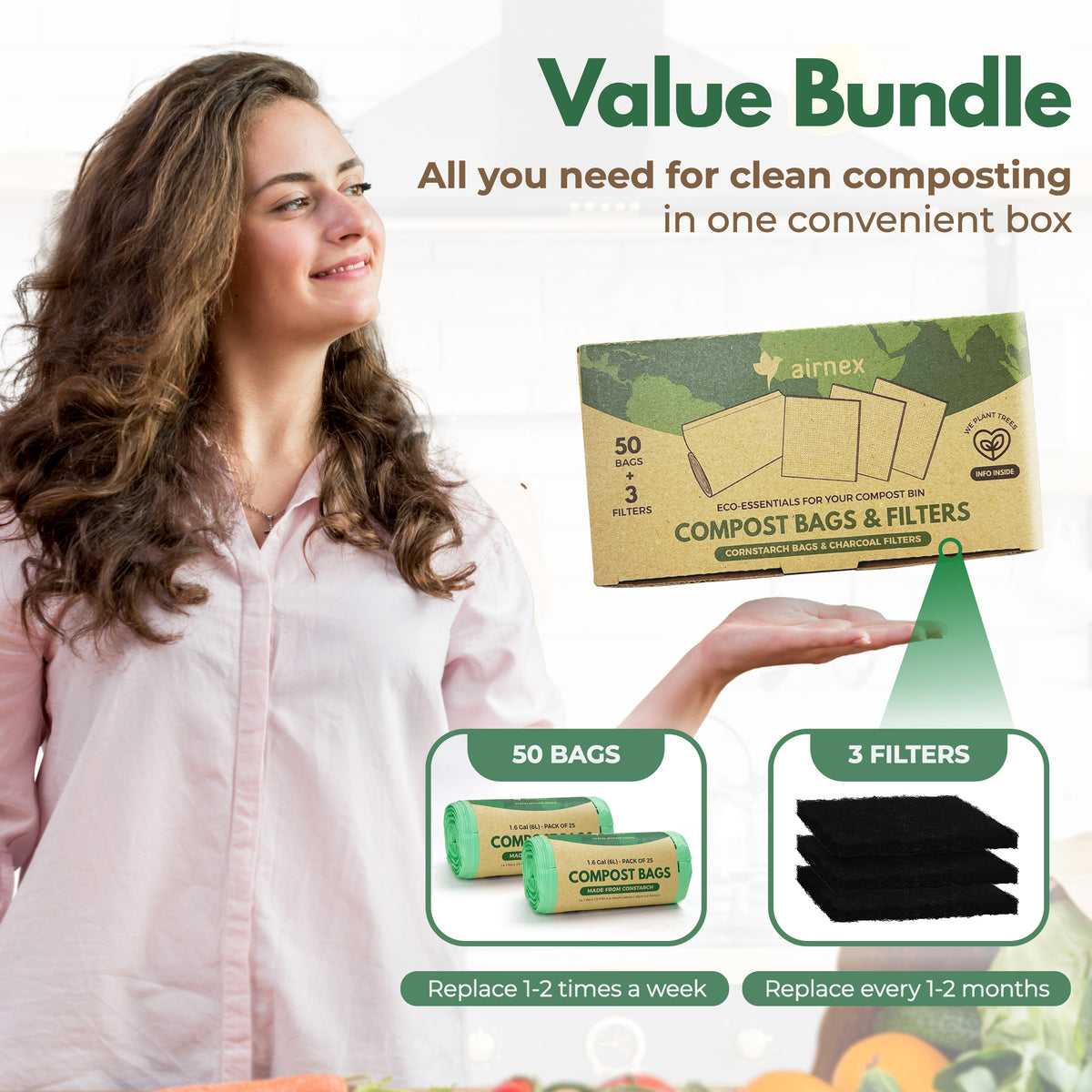 Compostable Trash Bags & Charcoal Filters - Value Pack for Compost Bins