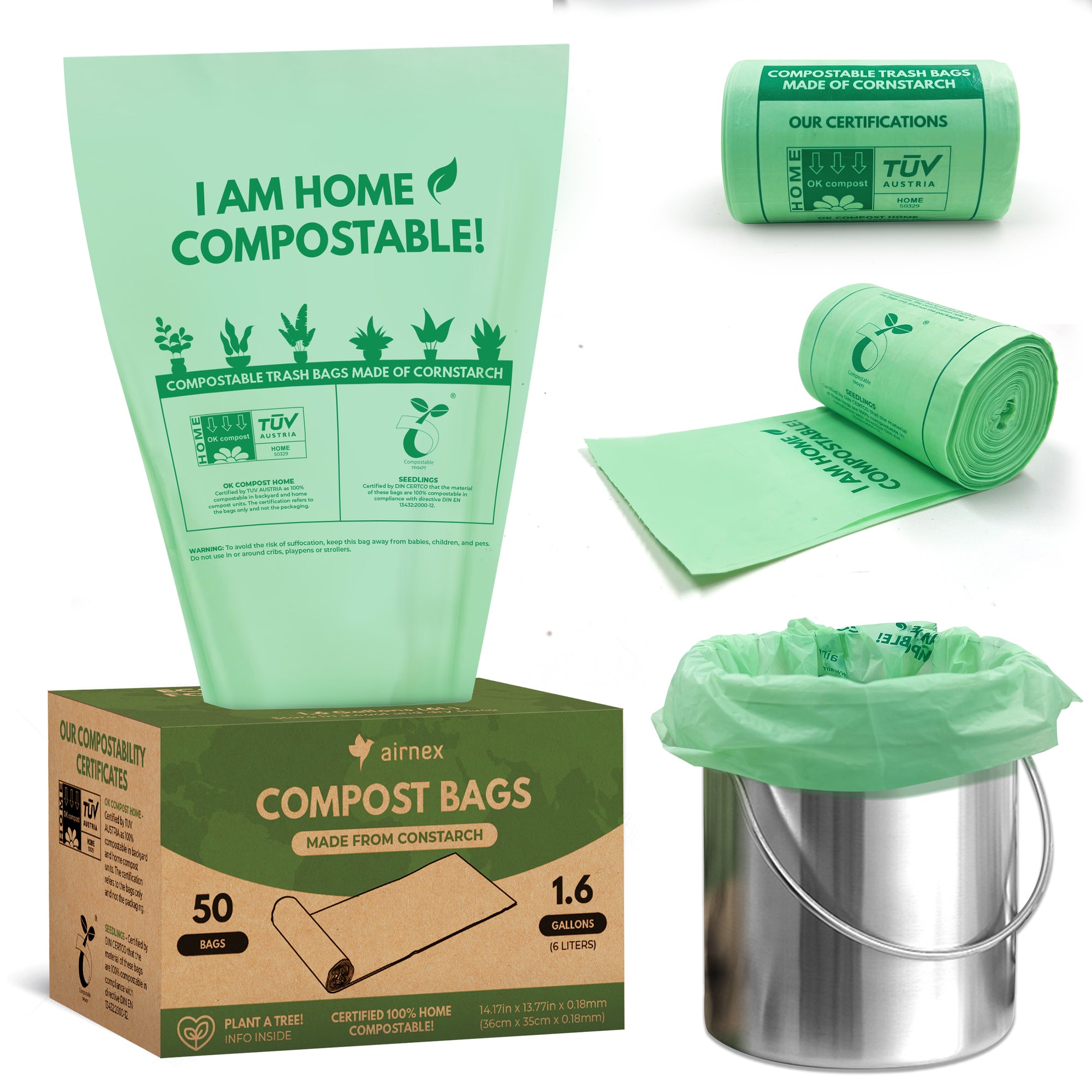 Certified Home Compostable Trash Bags - 1.6 Gal, 50 Count