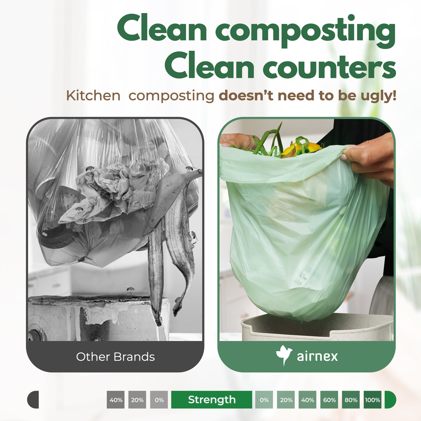 AIRNEX Compostable Trash Bags Small 1.6 Gal - 50 Count Green Compost Bags for Countertop Bin made of Cornstarch - Food Waste Compostable Bags Leakproof & Tear Resistant