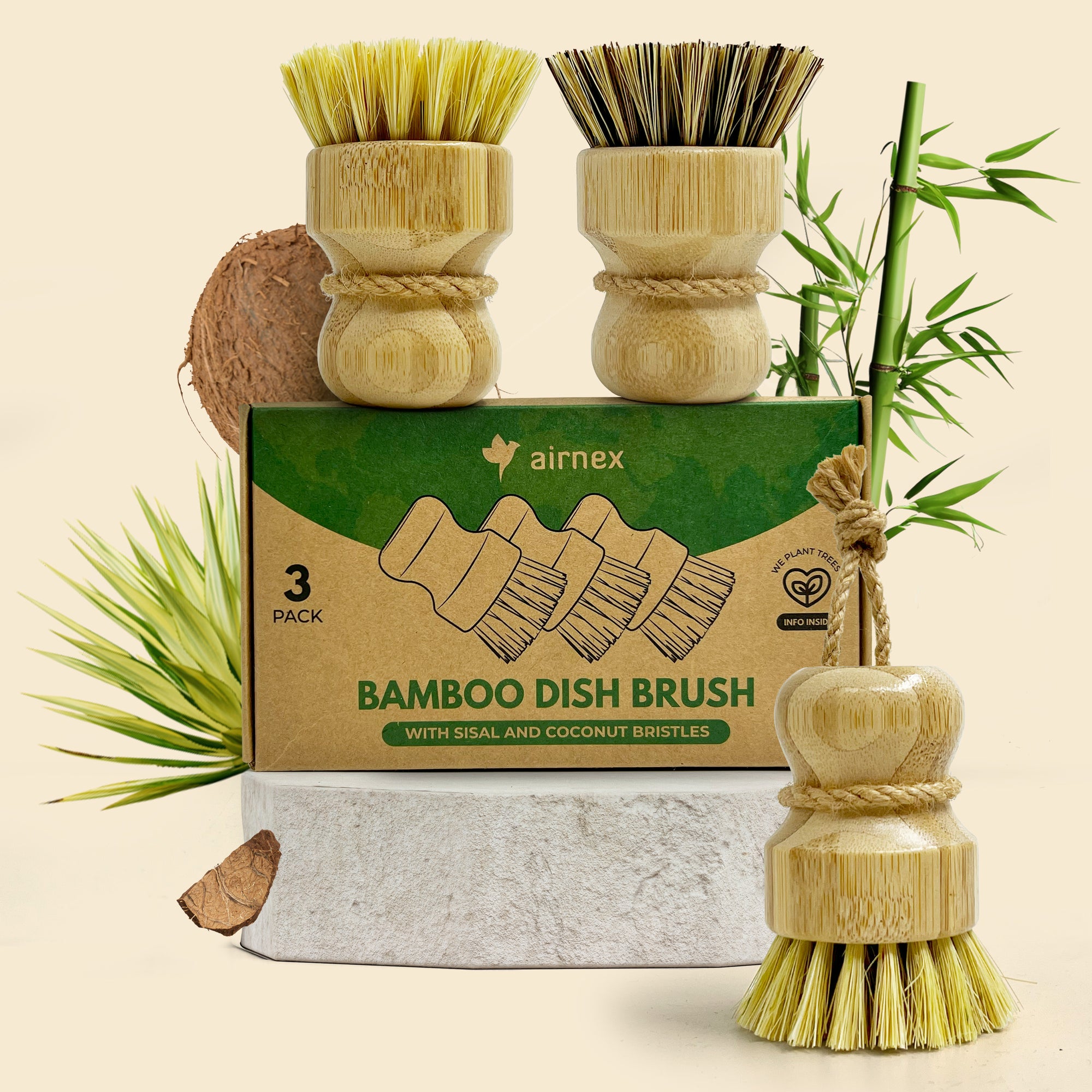 DEBETOOL Bamboo Pot Dish Brush,3 Pack Natural Wooden Scrub Brush With Sisal Fiber,Suitable For Dishes,Pans,Pot And Other Utensils-Sustainable,Kitchen Cleaning Brush With 2 Replacement Brush Heads