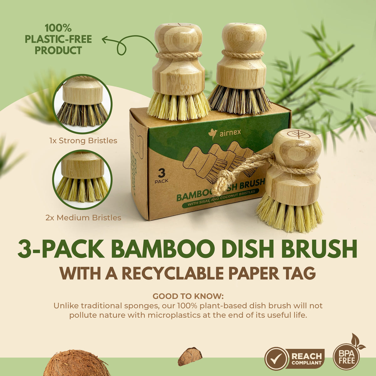 Natural Cleaning Dish Brush - 3 Pack Bamboo Brush