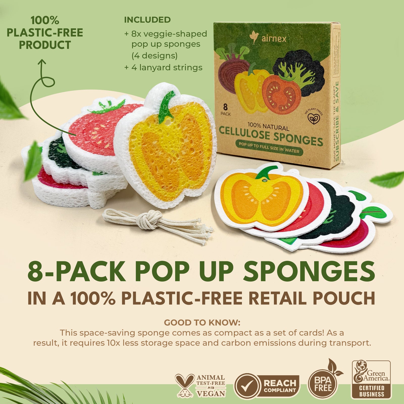 Biodegradable & Compostable Cellulose Compressed Sponges - Pack of 8 Veggie Shaped