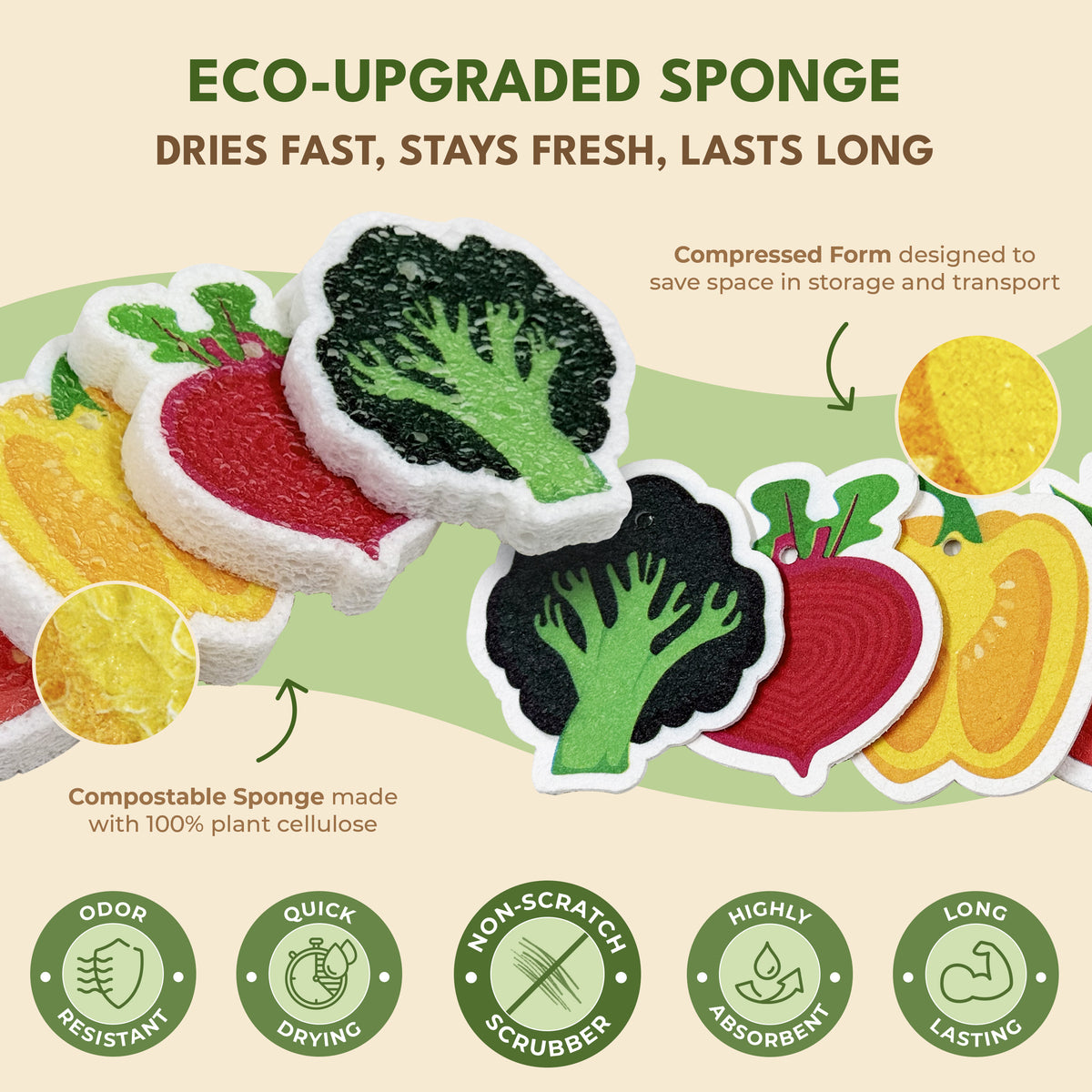 Biodegradable & Compostable Cellulose Compressed Sponges - Pack of 8 Veggie Shaped