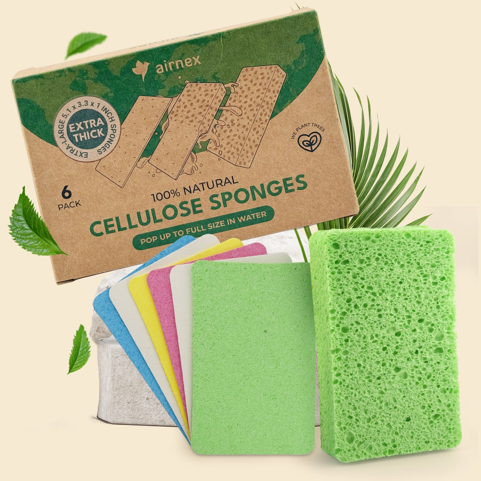 XL Biodegradable & Compostable Cellulose Compressed Sponges - Rectangular Multicolor