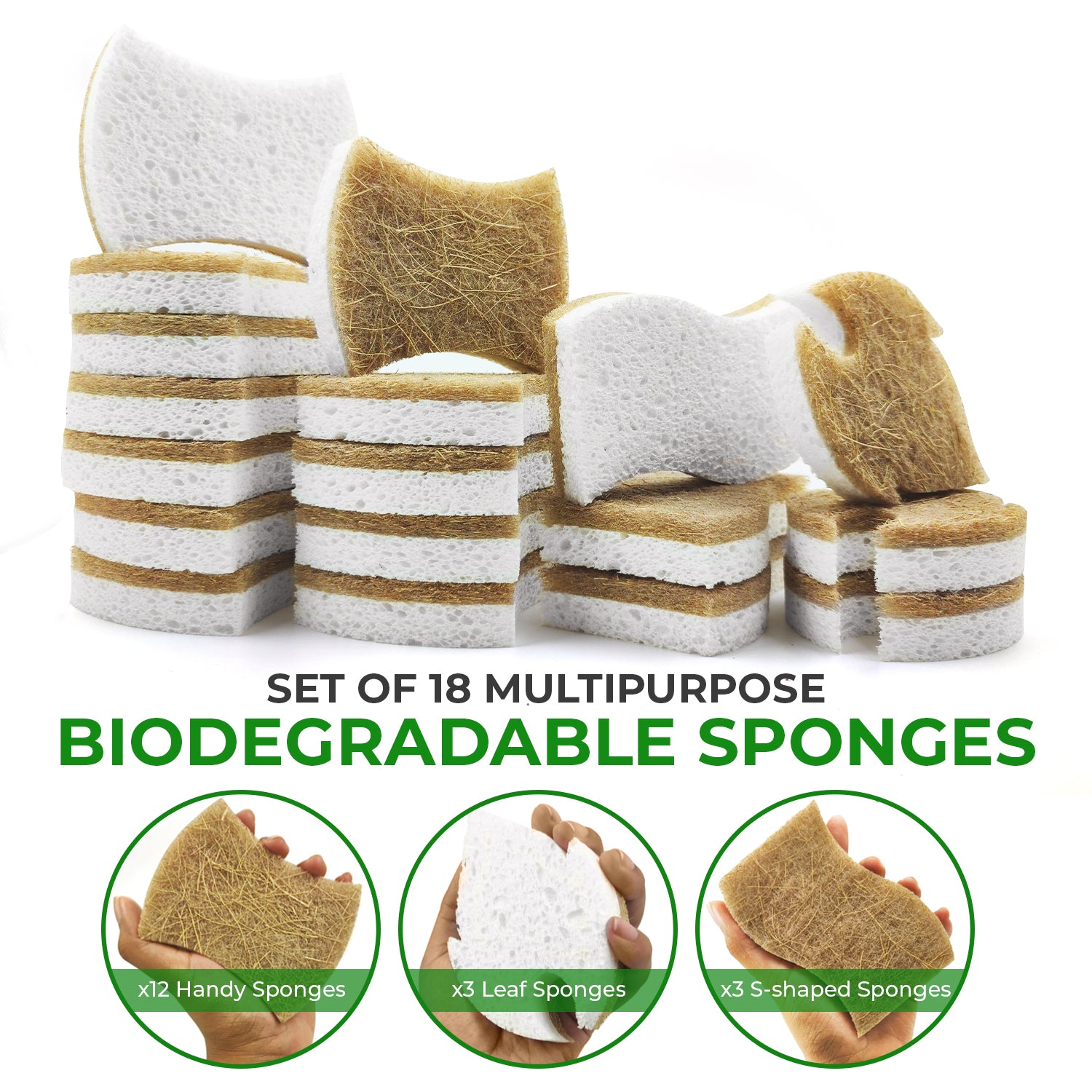 Non-Scratch Eco-Friendly Sponges - Bundle Pack of 18 - Leaf + Handy + S-Shape