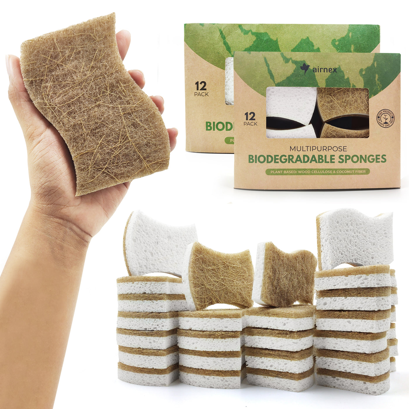 Plant-Based Biodegradable Kitchen Sponges - Bundle Pack of 24 - Handy + S-shaped