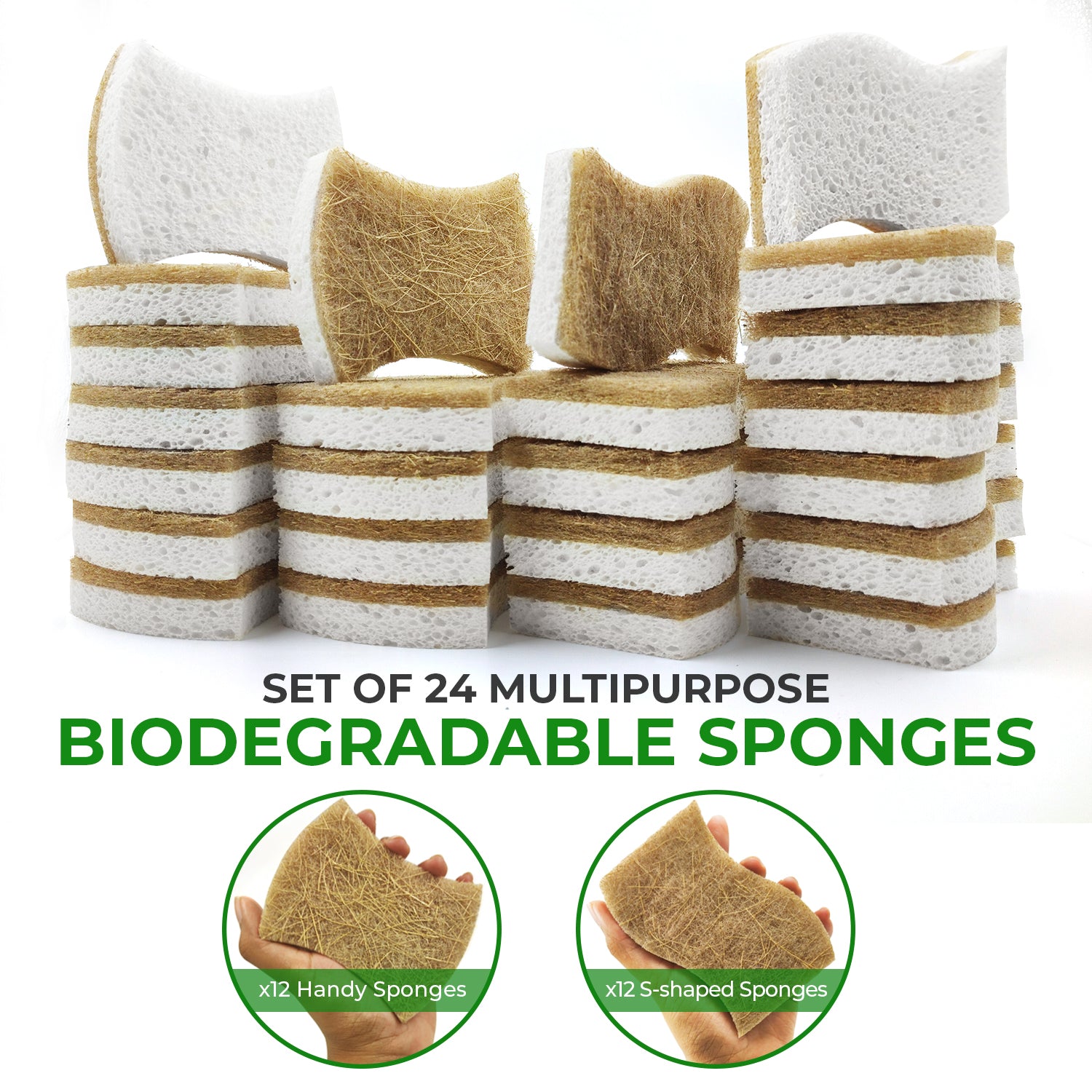 Non-Scratch Eco-Friendly Sponges - Bundle Pack of 24 - Handy + S-shaped