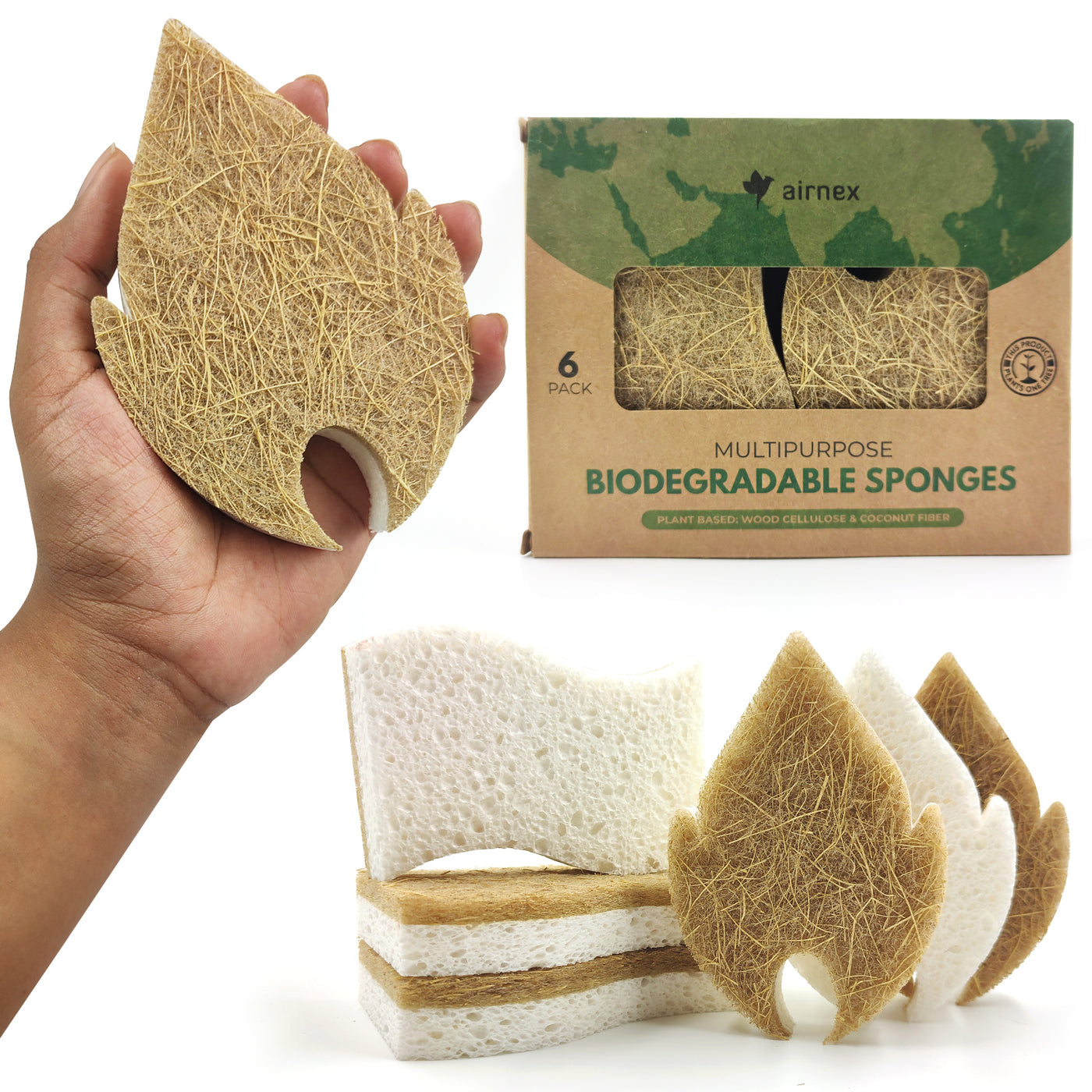 Plant-Based Biodegradable Kitchen Sponges - Leaf + S-Shaped - Pack of 6