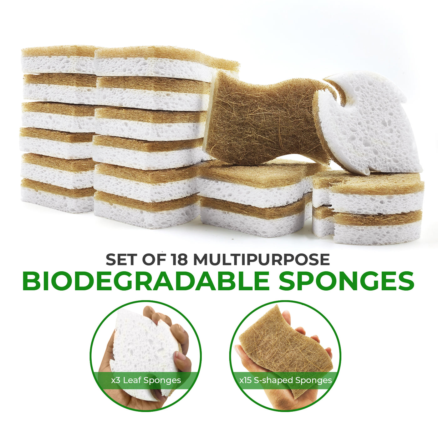 Plant-Based Biodegradable Kitchen Sponges - Bundle Pack of 18 - Leaf + S-shaped