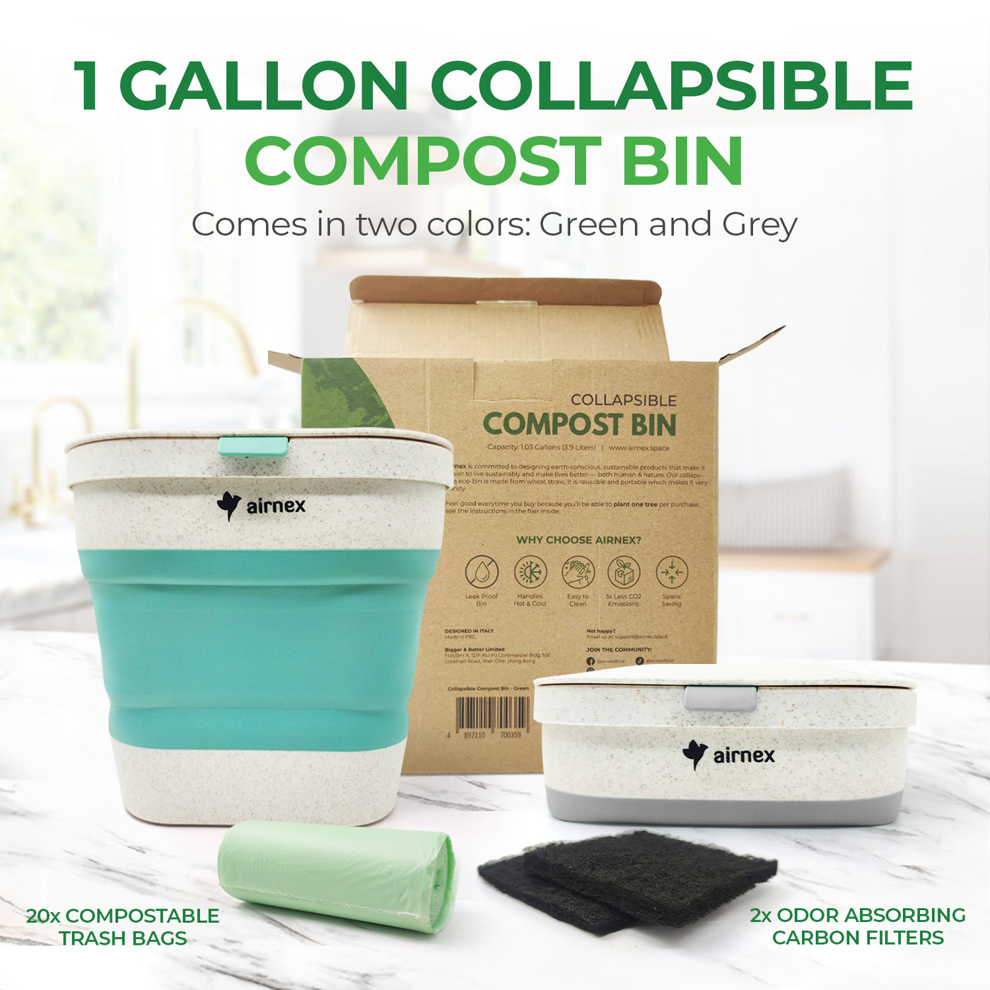 AIRNEX Collapsible Food Waste Bin with Lid - 1 Gallon Food Waste Caddy for Kitchen Made of Wheat Straw - Odor Free Compost Bin with Compostable