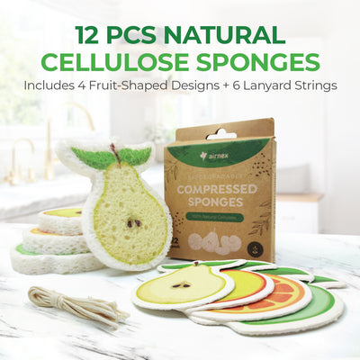 Biodegradable & Compostable Cellulose Compressed Sponges - Pack of 12 Fruit Shaped